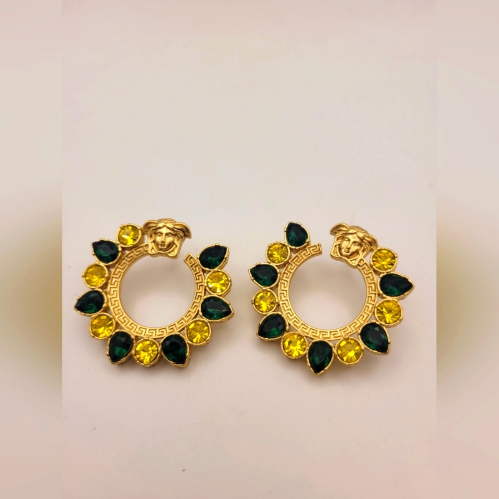 Rare Versace Medusa Green Hoop Pierced Earrings